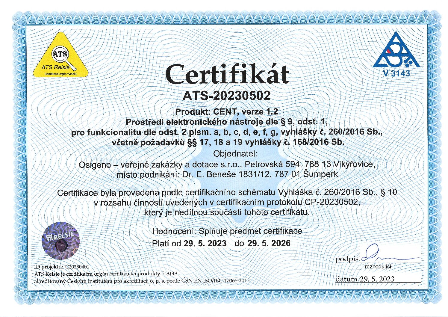 Certifikát - Prostředí elektronického nástroje CENT